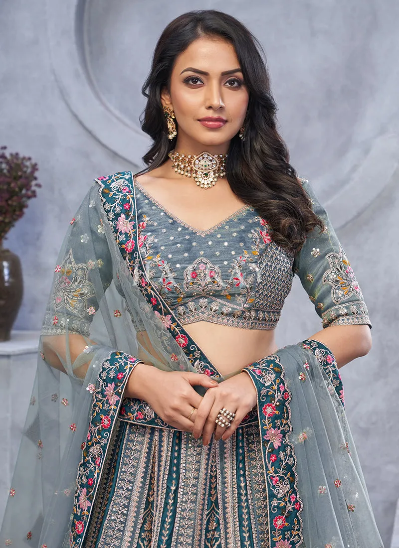 Bluish Grey Traditional Embroidery Wedding Lehenga Choli