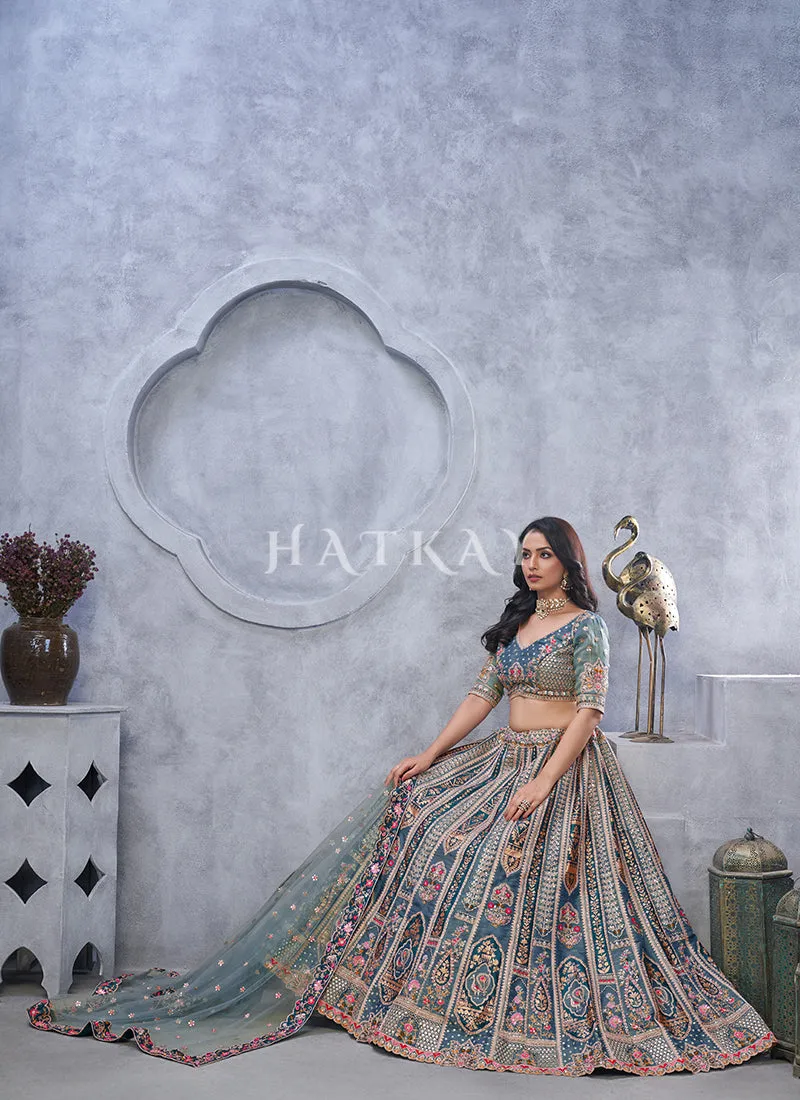 Bluish Grey Traditional Embroidery Wedding Lehenga Choli