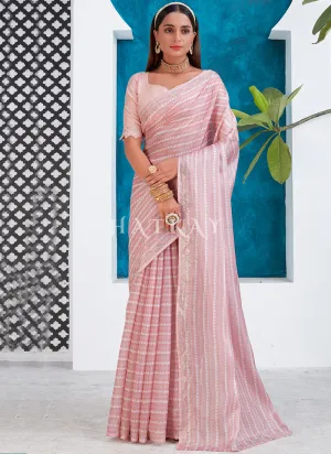 Blush Pink Crystal Stone Work Embroidery Silk Saree