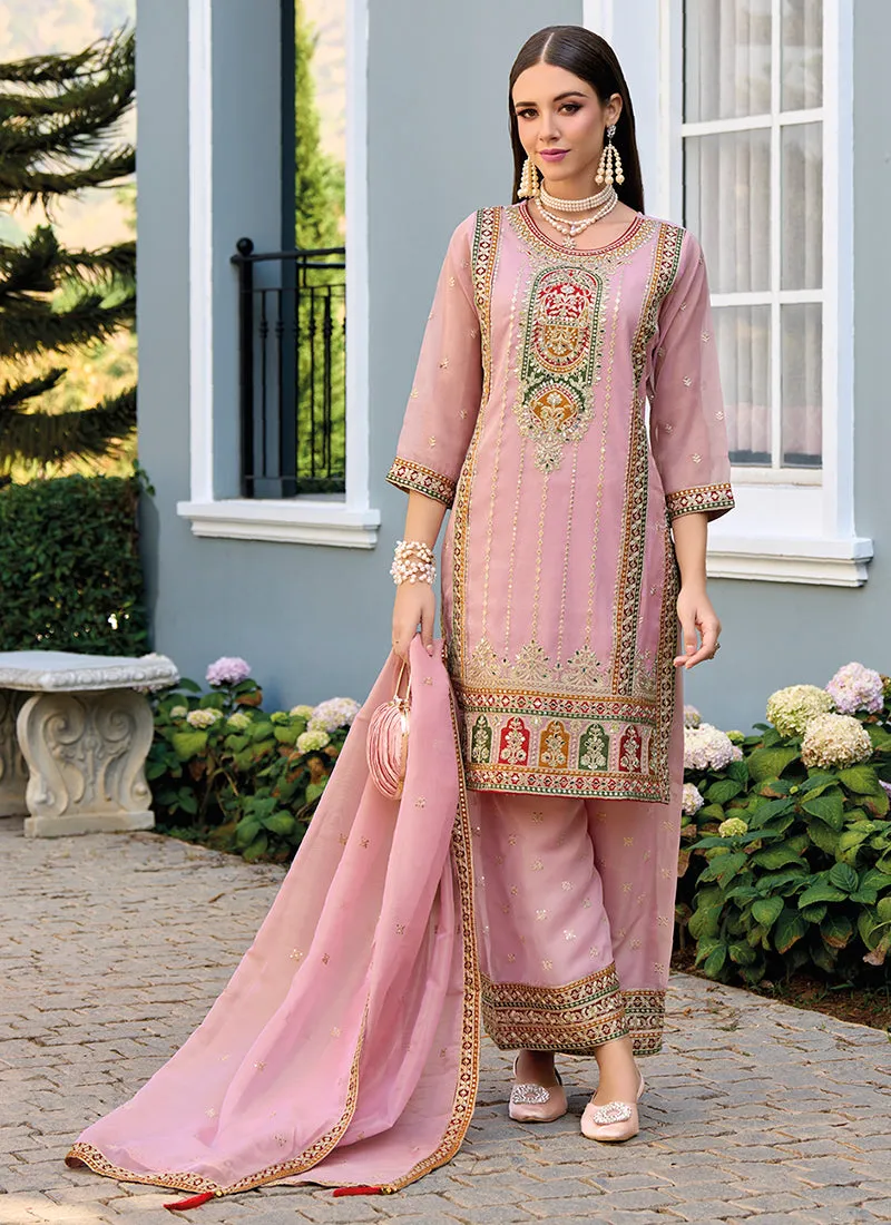 Blush Pink Multi Embroidery Traditional Pant Style Suit