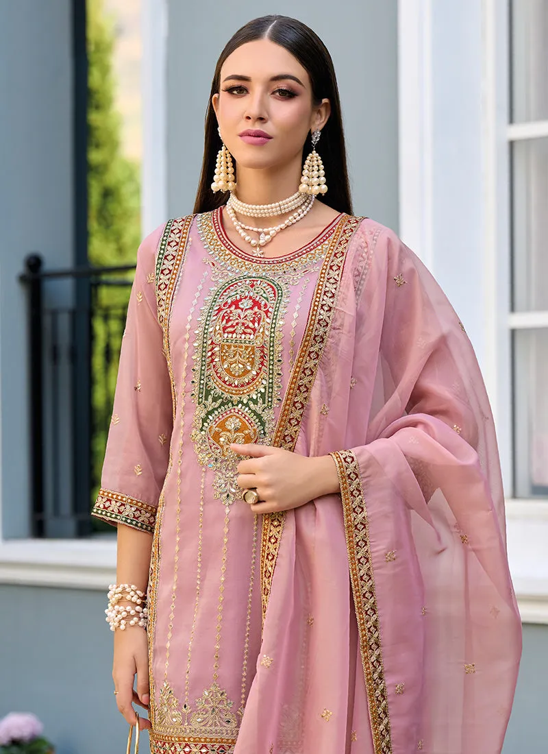 Blush Pink Multi Embroidery Traditional Pant Style Suit