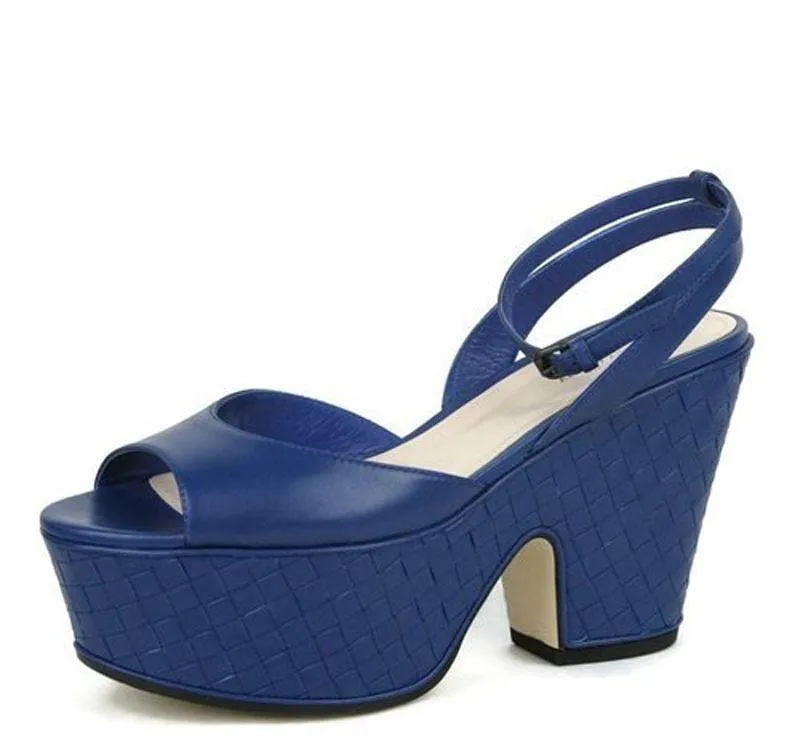Bottega Veneta Sandals Women's Blue Leather Woven Wedge