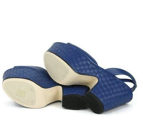 Bottega Veneta Sandals Women's Blue Leather Woven Wedge
