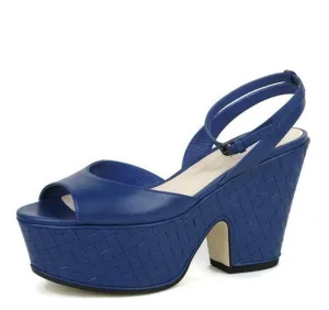 Bottega Veneta Sandals Women's Blue Leather Woven Wedge