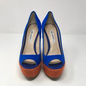Brian Atwood Royal Blue Suede Peep Toe ORange Wedge