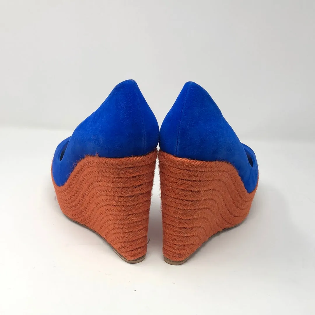 Brian Atwood Royal Blue Suede Peep Toe ORange Wedge