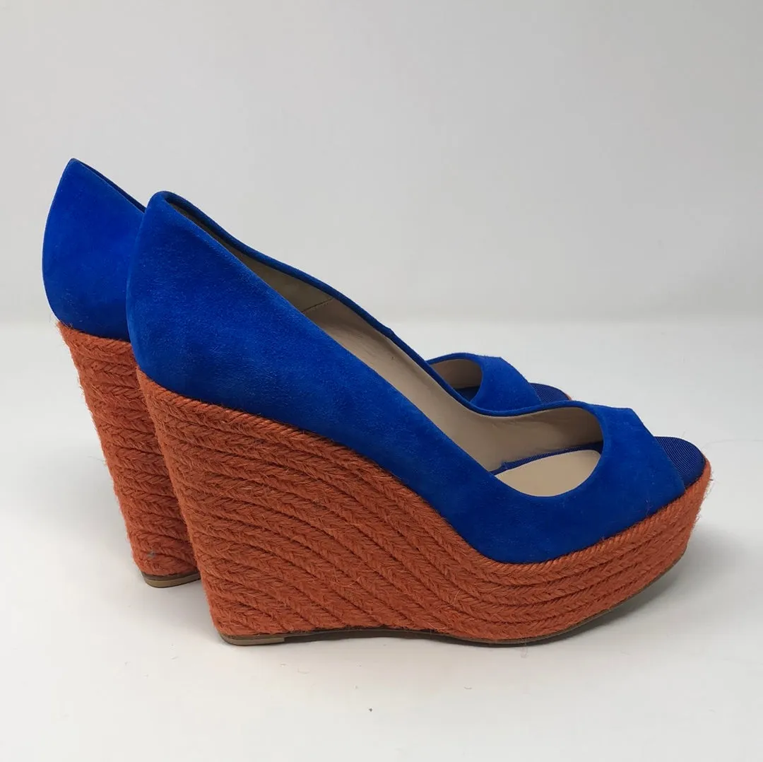 Brian Atwood Royal Blue Suede Peep Toe ORange Wedge