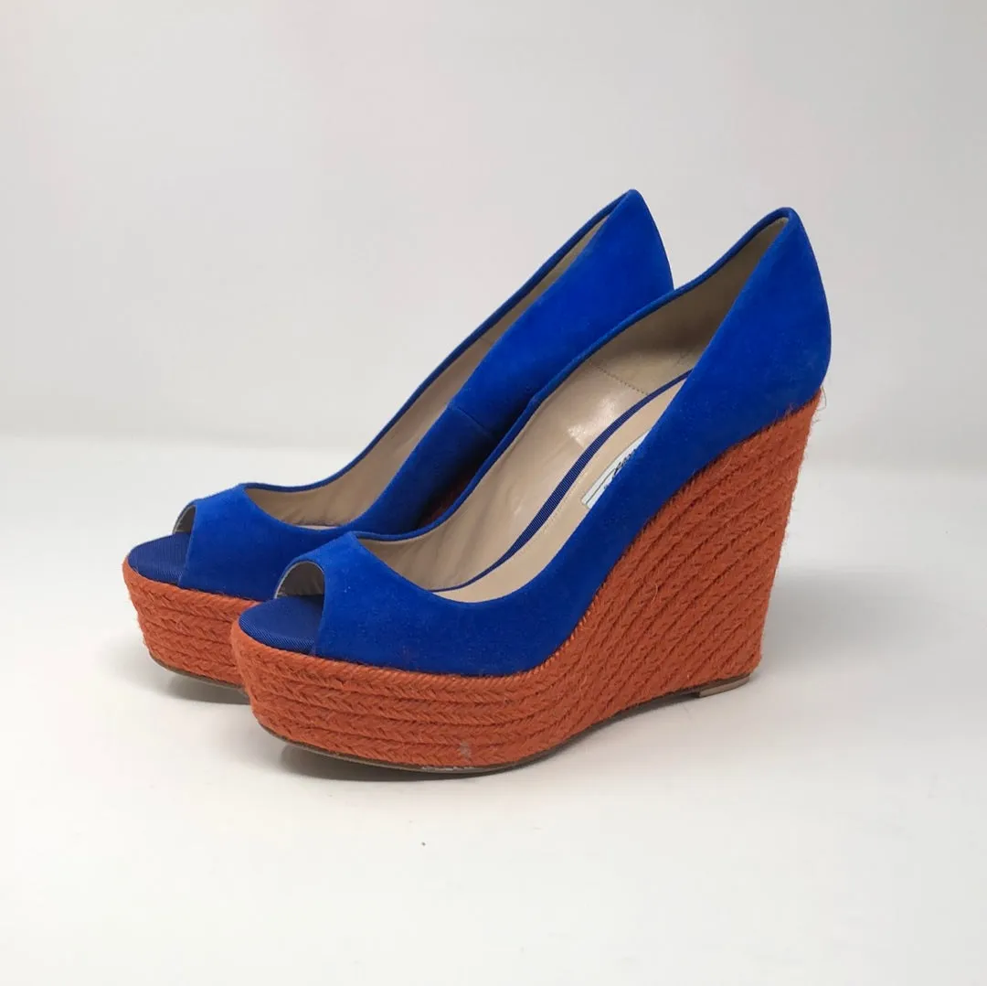 Brian Atwood Royal Blue Suede Peep Toe ORange Wedge