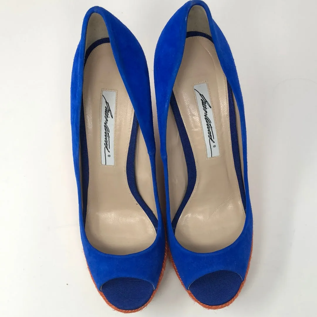 Brian Atwood Royal Blue Suede Peep Toe ORange Wedge