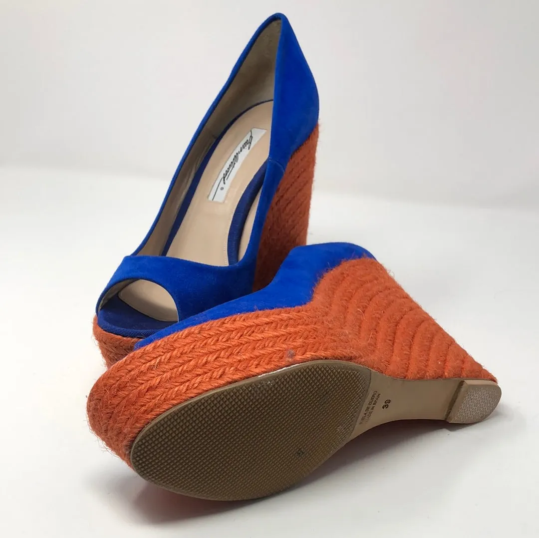Brian Atwood Royal Blue Suede Peep Toe ORange Wedge