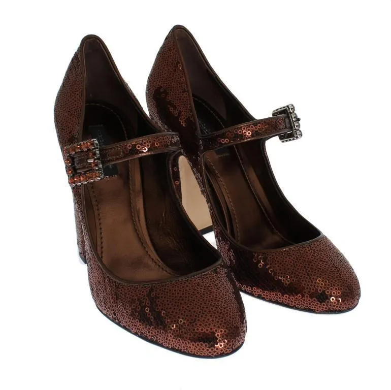 Bronze Leather Sequined Mary Janes Shoes