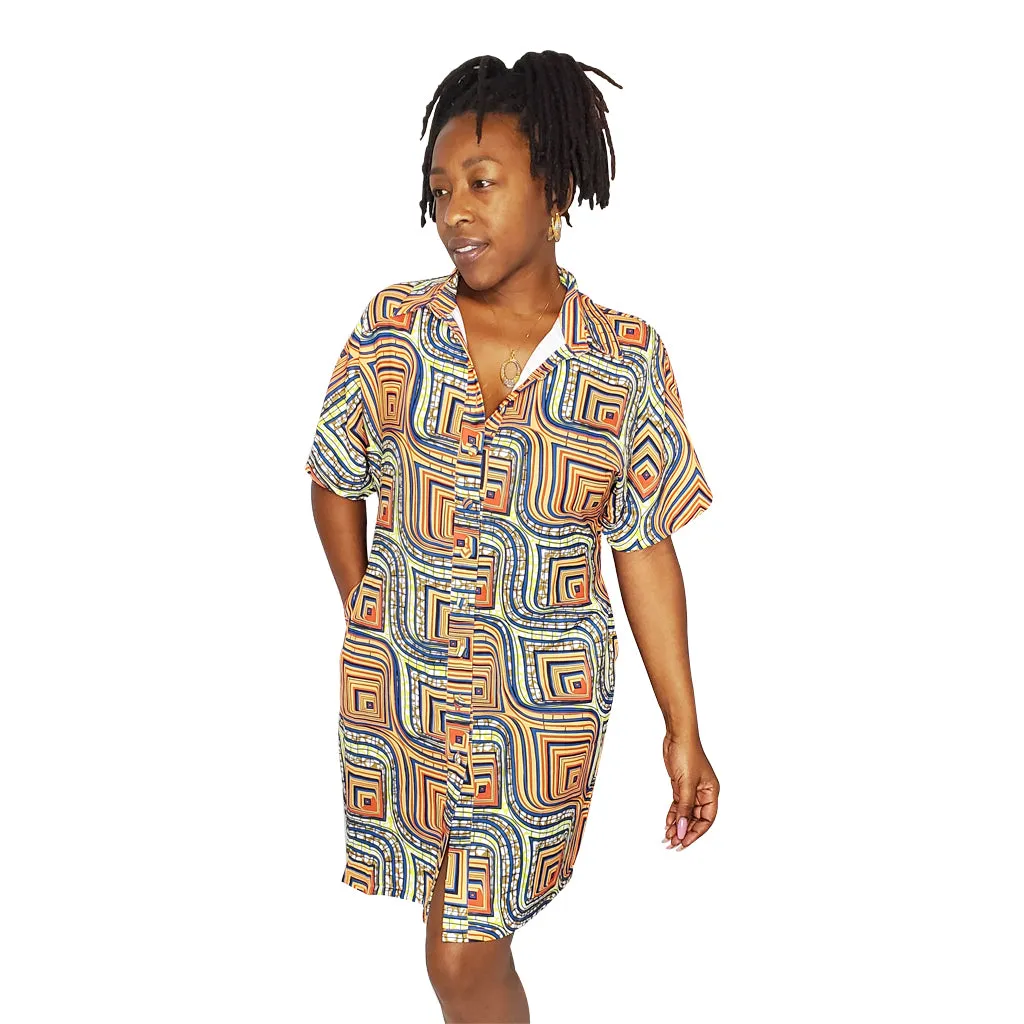Brown Abstract Button Down Chiffon Dress