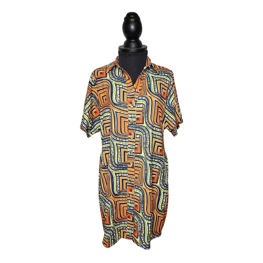 Brown Abstract Button Down Chiffon Dress