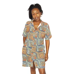 Brown Abstract Button Down Chiffon Dress