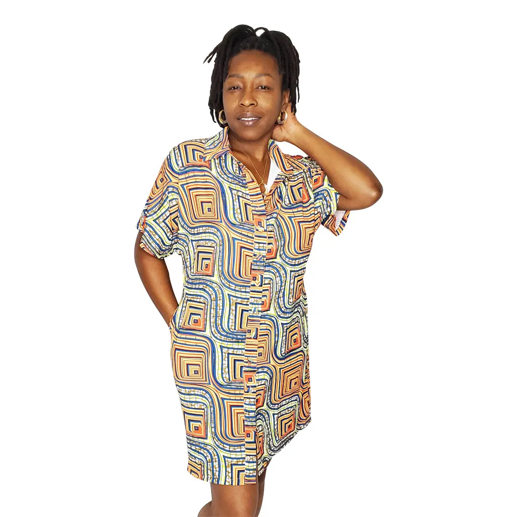 Brown Abstract Button Down Chiffon Dress
