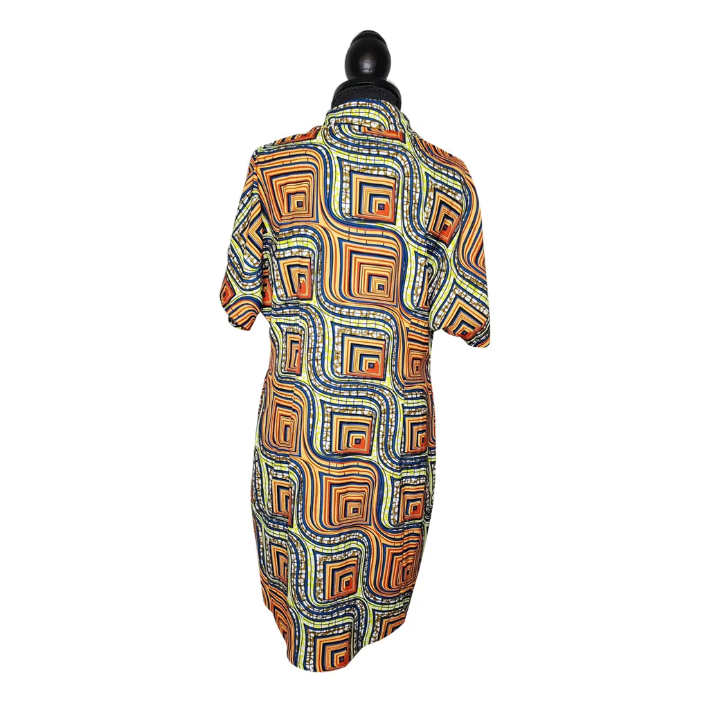 Brown Abstract Button Down Chiffon Dress