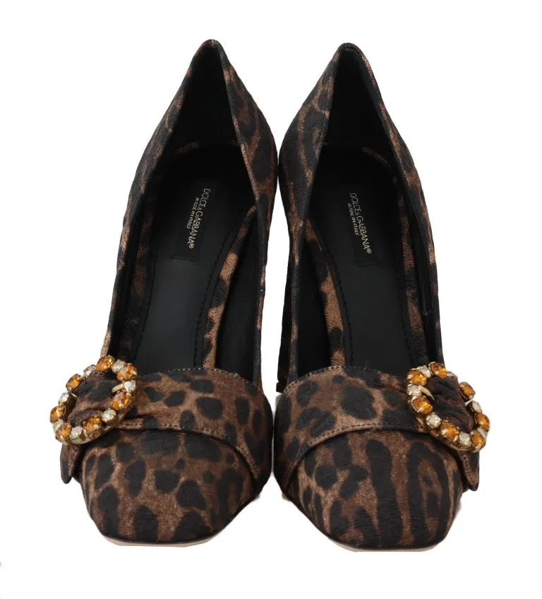 Brown Brocade Leopard Crystal Pumps