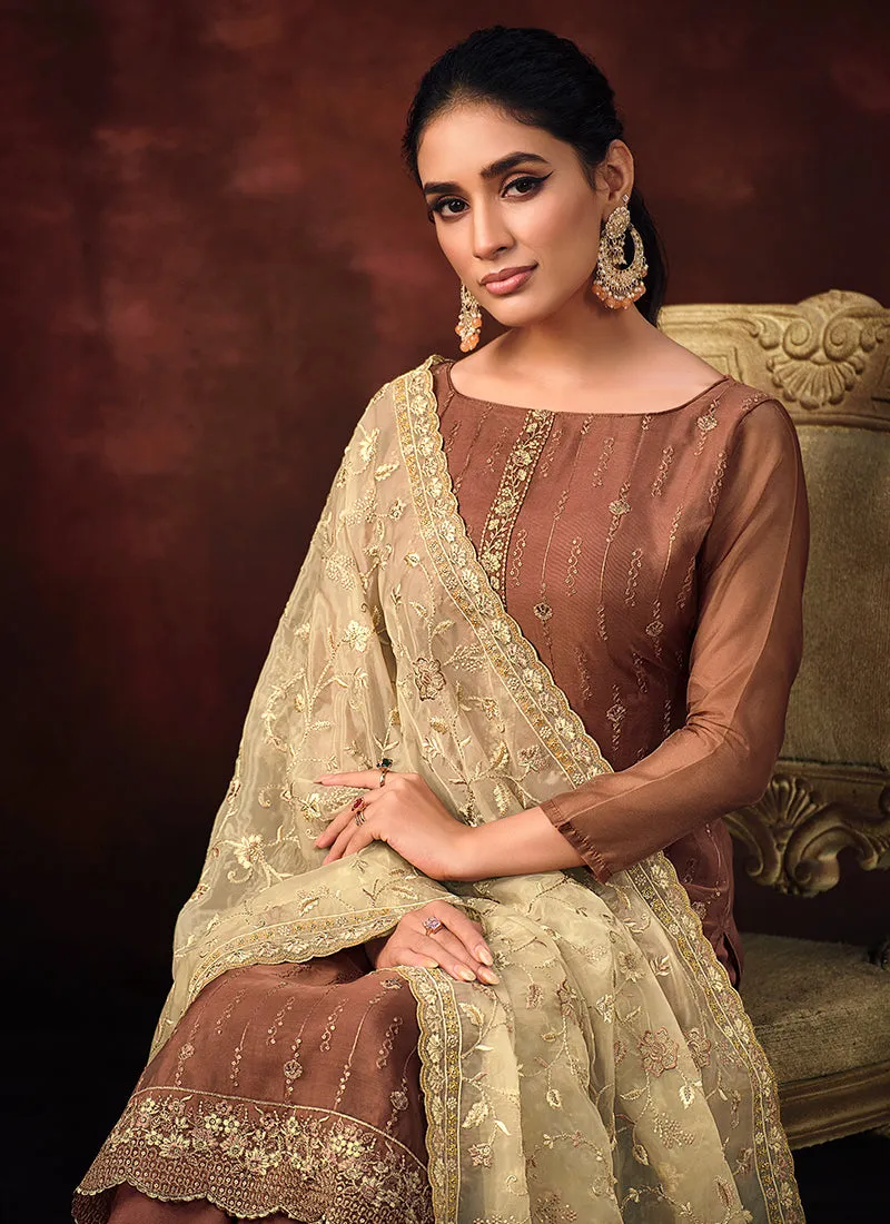 Brown Sequence Embroidery Pant Style Suit