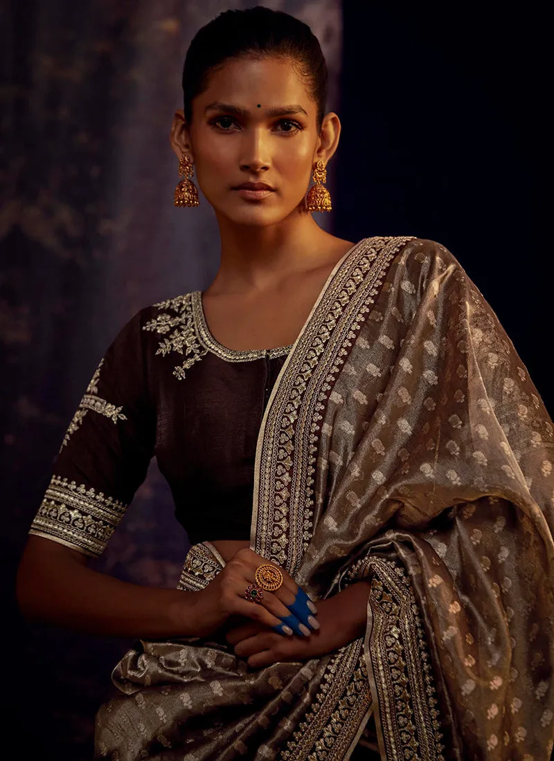 Brown Two Tone Embroidered Organza Silk Saree