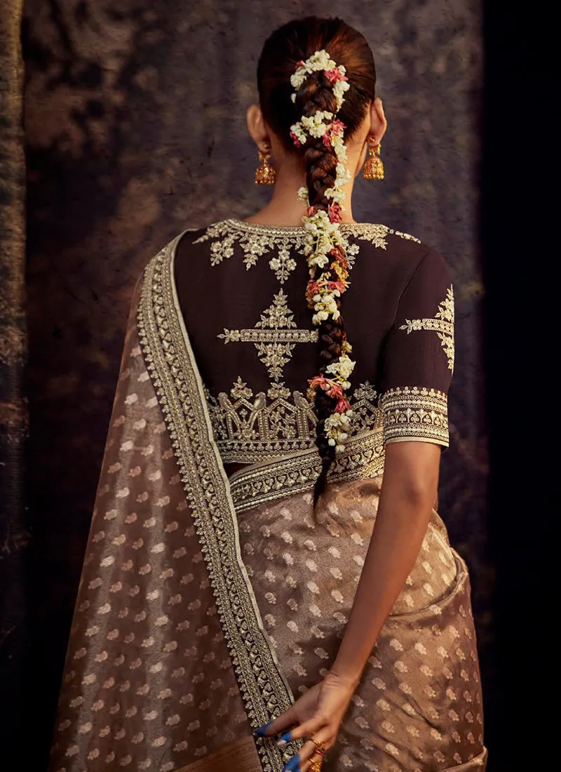 Brown Two Tone Embroidered Organza Silk Saree