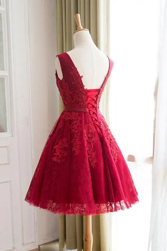 Burgundy Homecoming Dress Straps A-line Lace Appliques Lace-up Short Prom Dress Party Dress OHM162