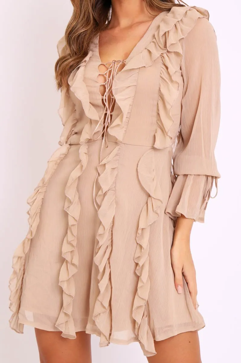 Camel Sheer Ruffle Lace Front Dress - Loise