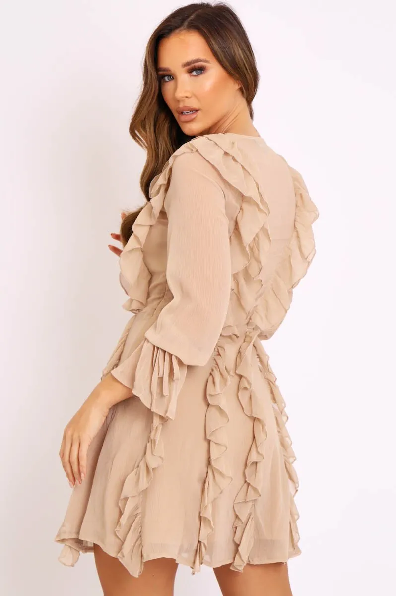 Camel Sheer Ruffle Lace Front Dress - Loise