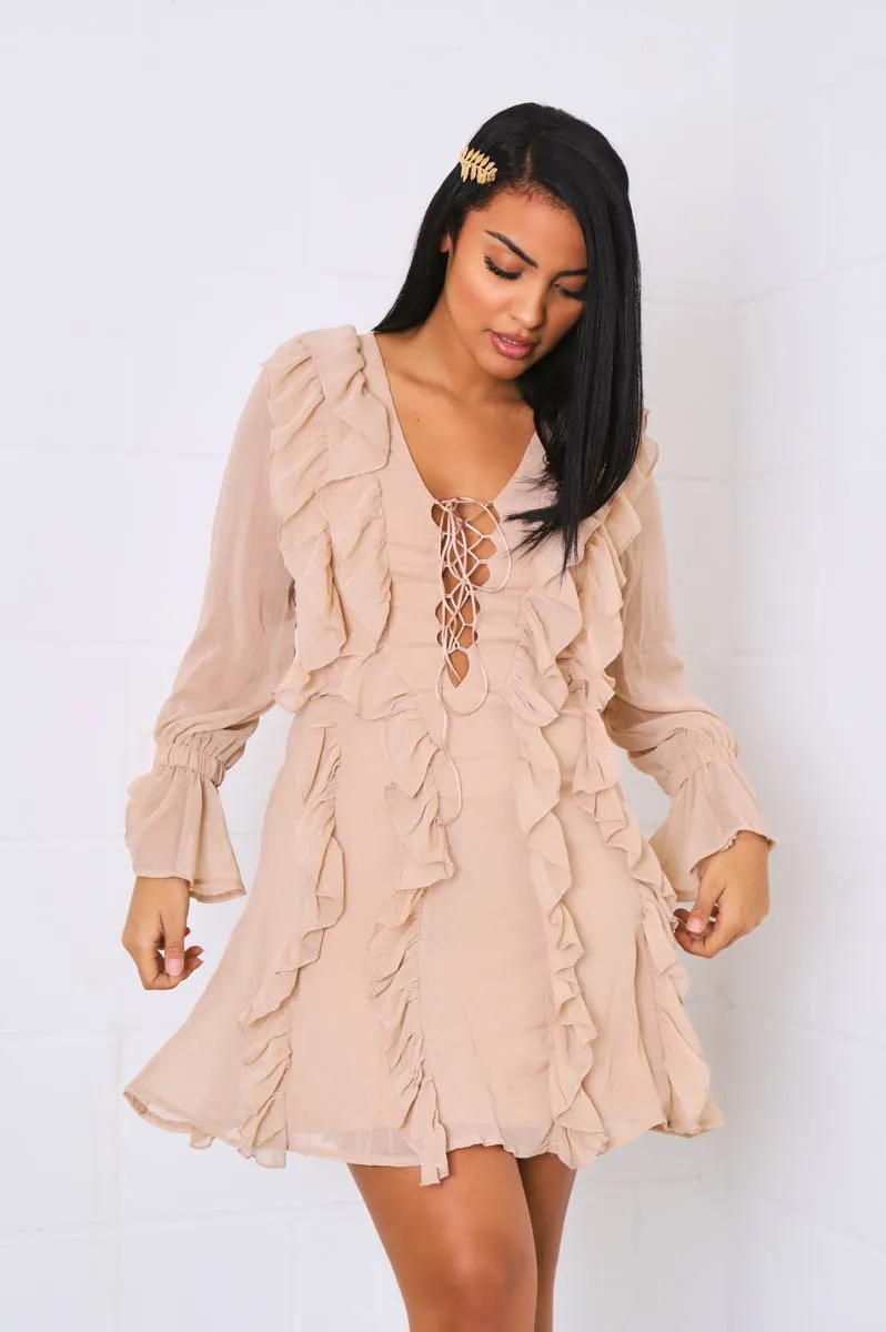 Camel Sheer Ruffle Lace Front Dress - Loise