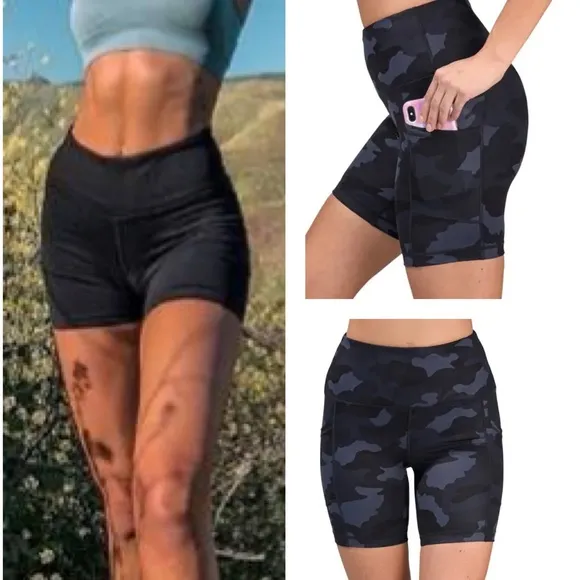 Camo Hi Rise Bike Shorts Spandex Compression Side Pocket 9” inseam Size Medium