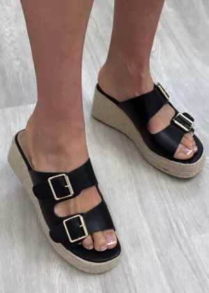 Cathy Black Wedge Buckle Sandals