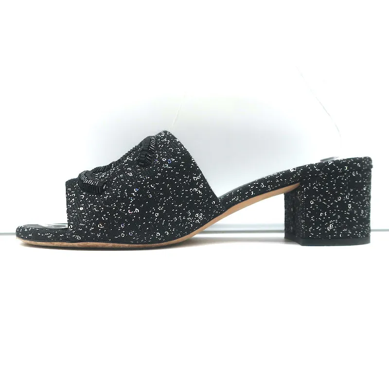 Chanel 19P Beaded CC Slide Sandals Black Sequined Tweed Size 37 Open Toe Heels