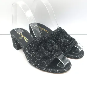 Chanel 19P Beaded CC Slide Sandals Black Sequined Tweed Size 37 Open Toe Heels