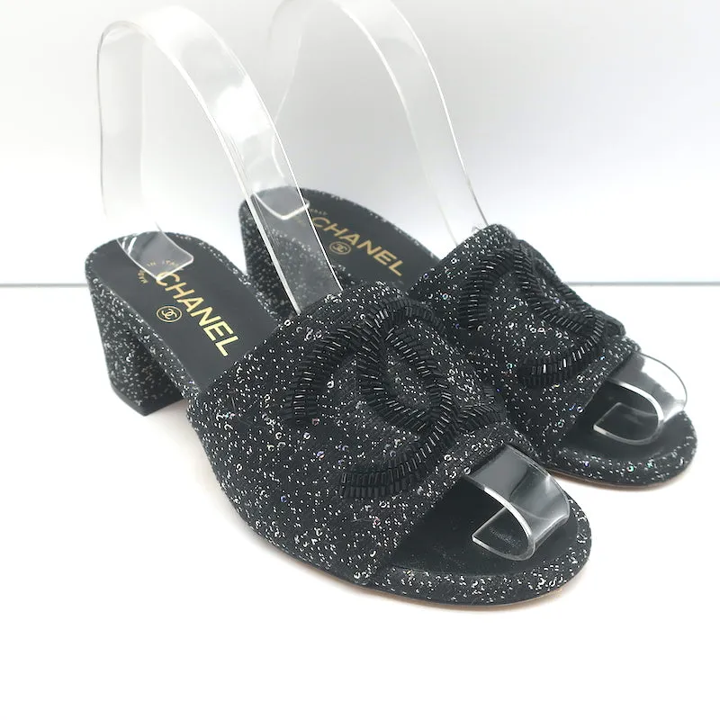 Chanel 19P Beaded CC Slide Sandals Black Sequined Tweed Size 37 Open Toe Heels