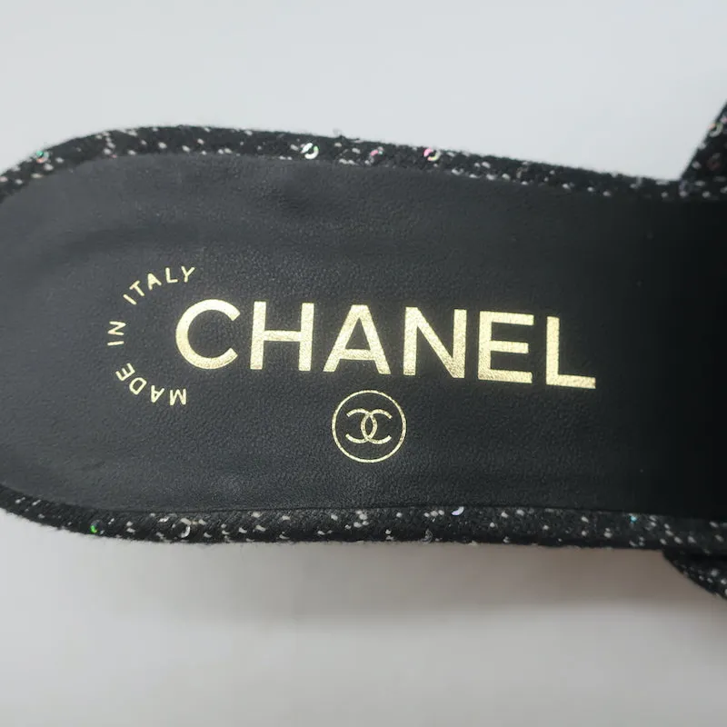 Chanel 19P Beaded CC Slide Sandals Black Sequined Tweed Size 37 Open Toe Heels
