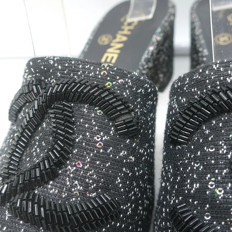 Chanel 19P Beaded CC Slide Sandals Black Sequined Tweed Size 37 Open Toe Heels