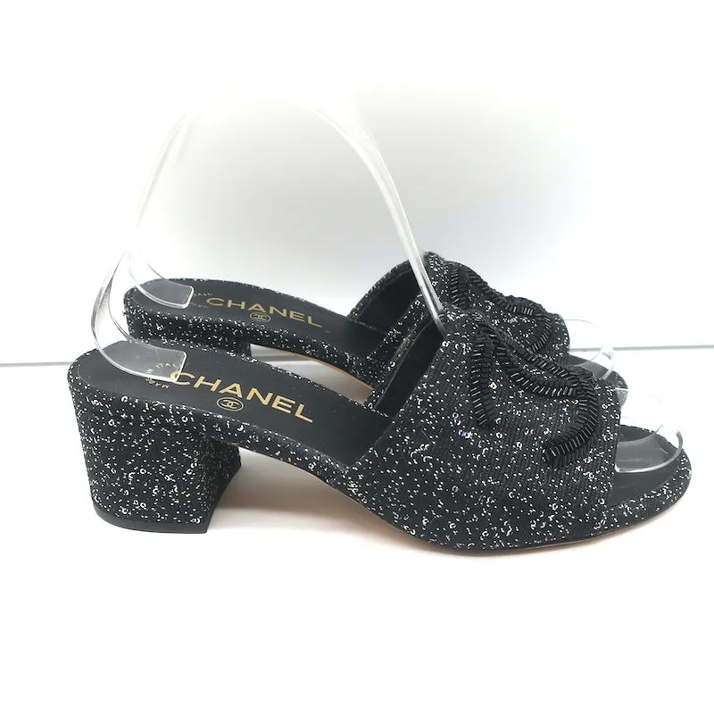 Chanel 19P Beaded CC Slide Sandals Black Sequined Tweed Size 37 Open Toe Heels