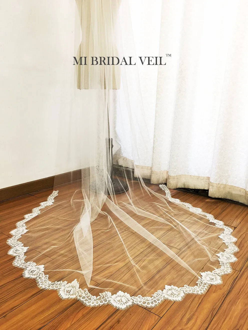 Chapel Lace Wedding Veil, Eyelash Chantilly Rose Lace Veil, Lace at Bottom Mi Bridal