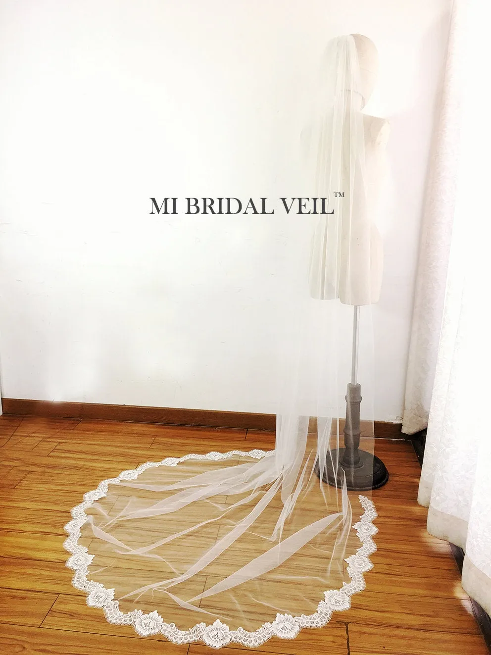 Chapel Lace Wedding Veil, Eyelash Chantilly Rose Lace Veil, Lace at Bottom Mi Bridal