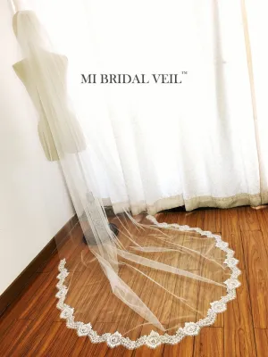 Chapel Lace Wedding Veil, Eyelash Chantilly Rose Lace Veil, Lace at Bottom Mi Bridal