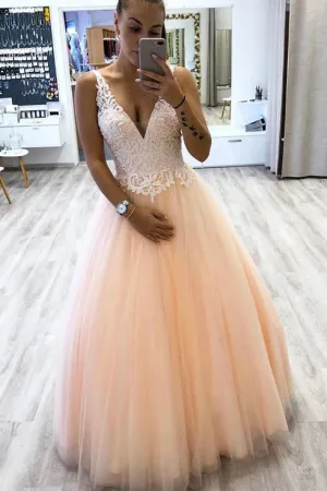 Charming A Line V Neck Sleeveless Long Pink Tulle White Lace Prom Dress Formal Dress Evening Dress OHC352