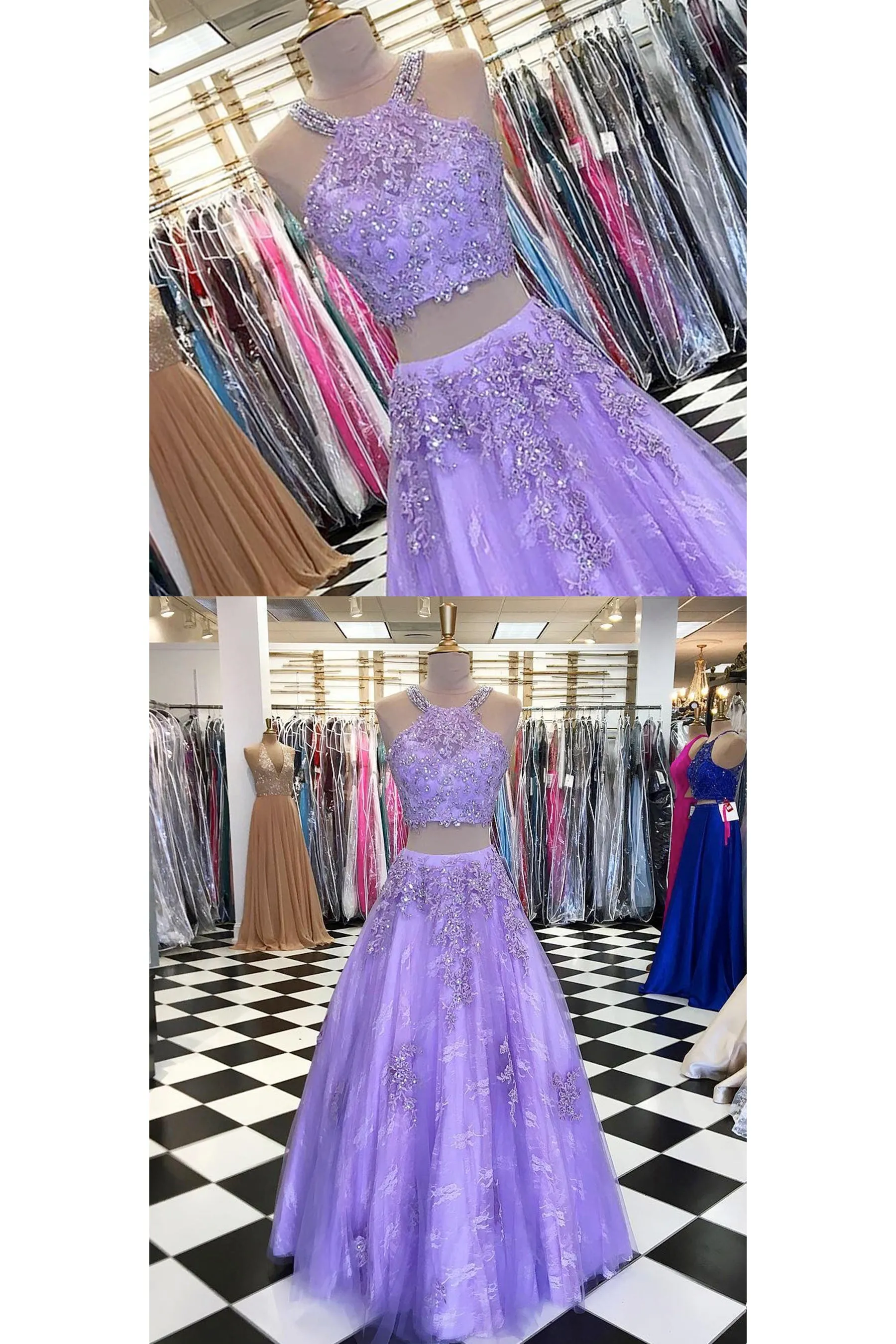 Charming Customize Two Pieces Strapless Lavender Lace Long Prom Dresses OHC478