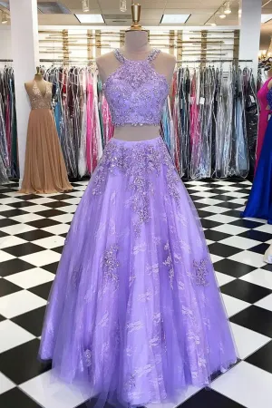 Charming Customize Two Pieces Strapless Lavender Lace Long Prom Dresses OHC478