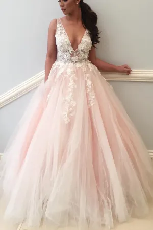 Charming Prom Dresses A-line V-neck Floor Length Sleeveless Lace Applique Long Tulle Prom Dress OHC258
