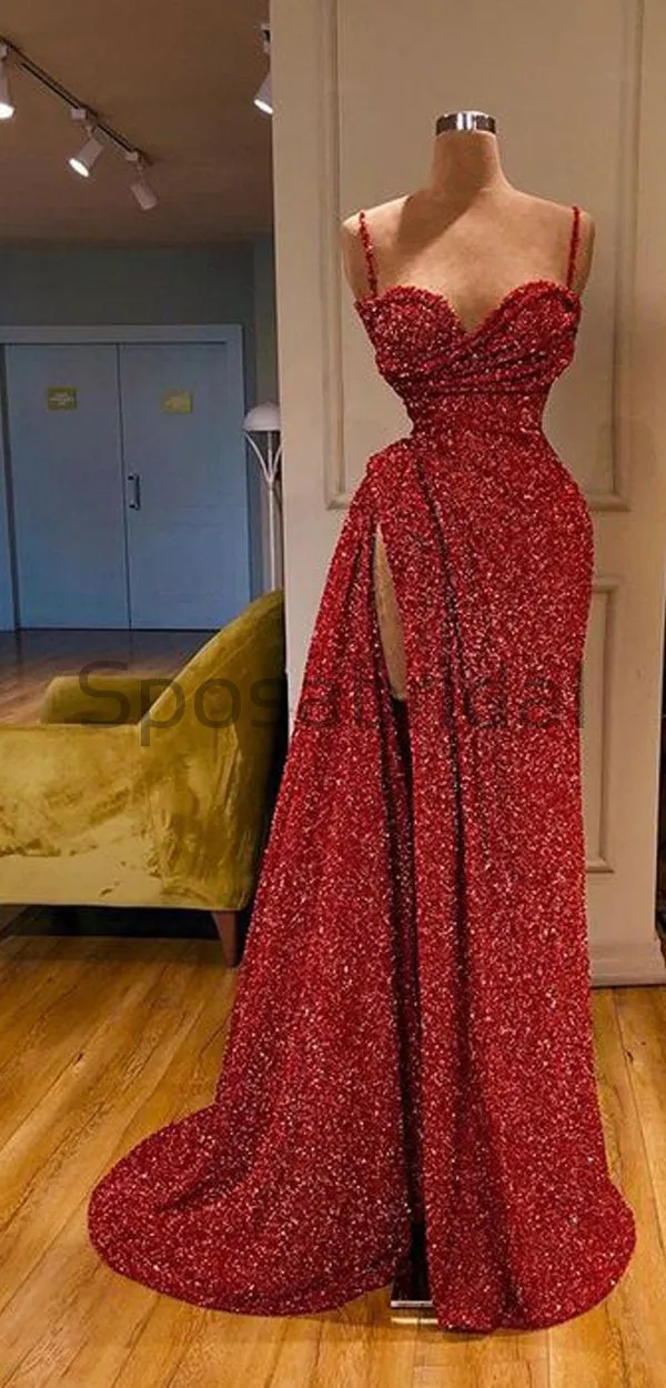 Cheap Newest Sparkly Red Sequin Spaghetti Srtaps Mermaid Modest Fashion Long Prom Dresses PD1580