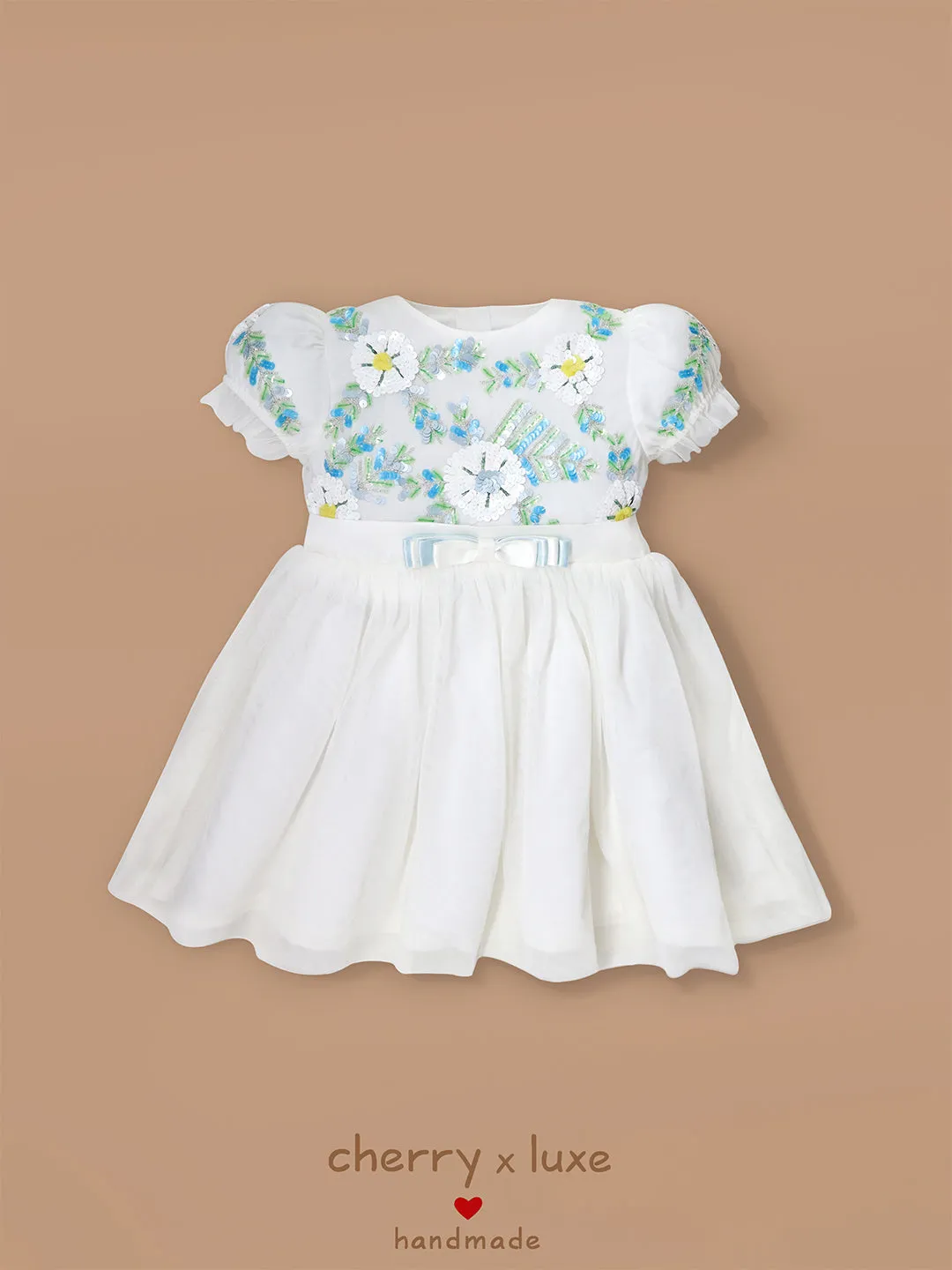 Cherry Crumble White Solid 100% Polyester Half Sleeves Round Neck Party Wear Fit & Flare Sequin and Beads Summer Dress For Girls