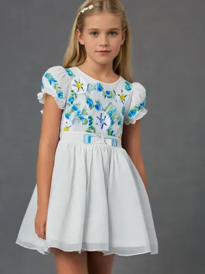 Cherry Crumble White Solid 100% Polyester Half Sleeves Round Neck Party Wear Fit & Flare Sequin and Beads Summer Dress For Girls