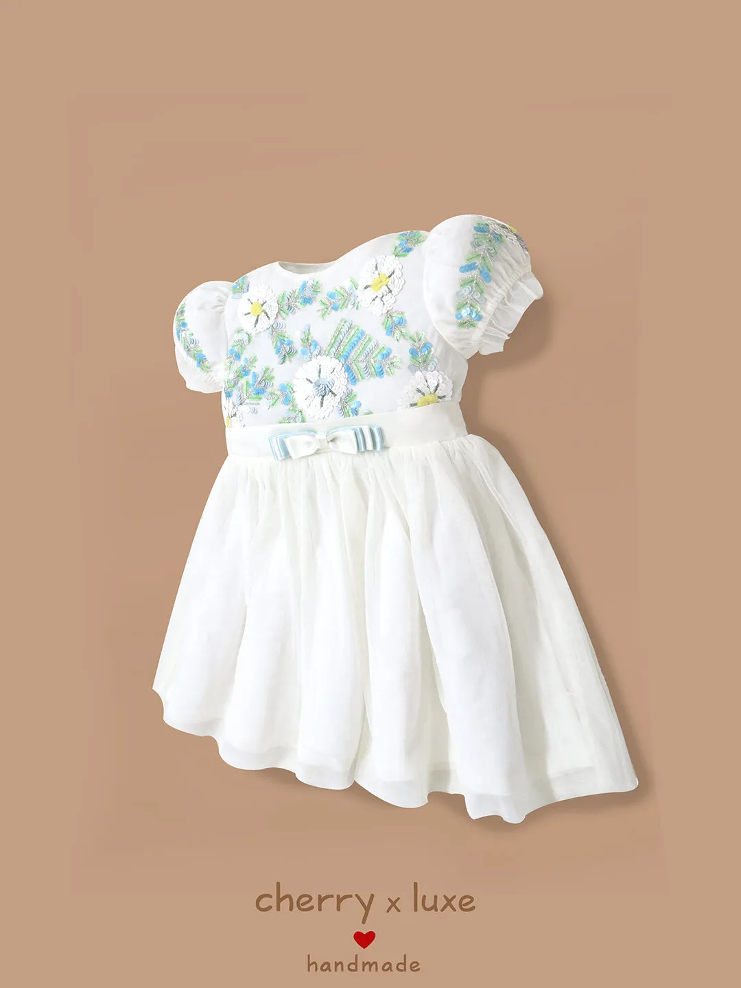 Cherry Crumble White Solid 100% Polyester Half Sleeves Round Neck Party Wear Fit & Flare Sequin and Beads Summer Dress For Girls