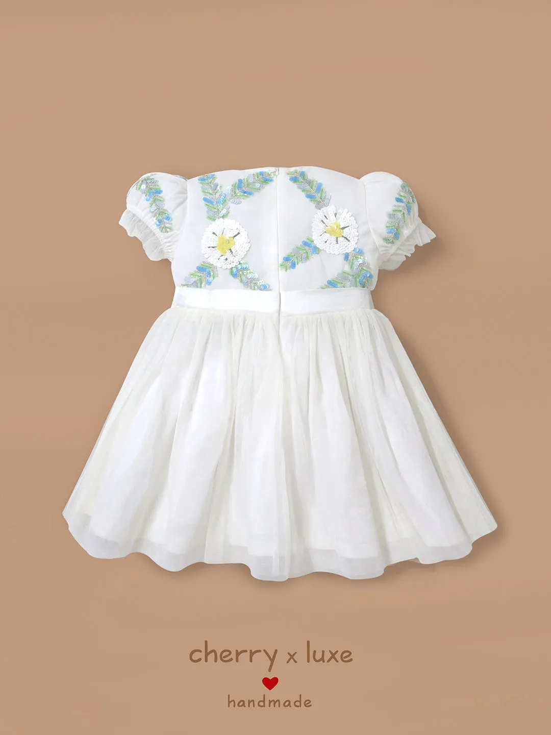 Cherry Crumble White Solid 100% Polyester Half Sleeves Round Neck Party Wear Fit & Flare Sequin and Beads Summer Dress For Girls