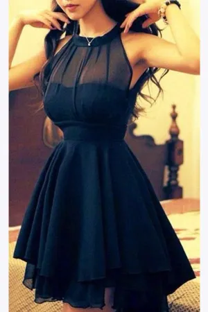 Chiffon Navy Blue Short Prom Dresses For Girls, Halter Homecoming Dress, MH179