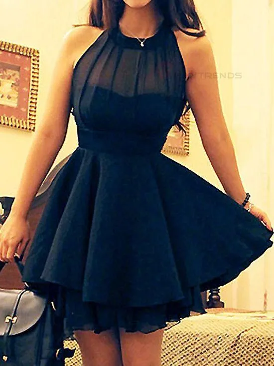 Chiffon Navy Blue Short Prom Dresses For Girls, Halter Homecoming Dress, MH179